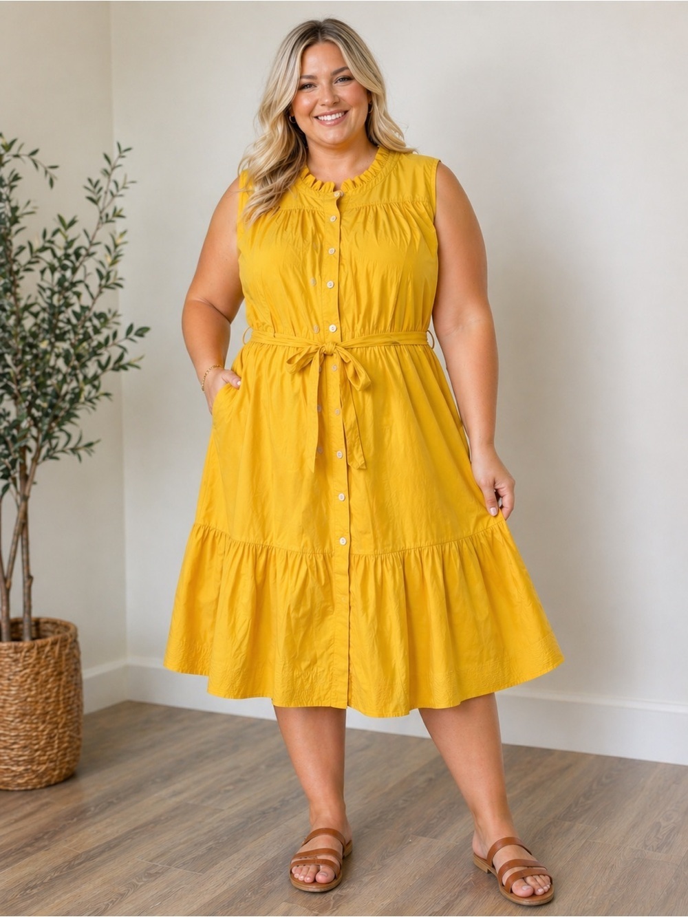 eshakti Wayward Fancies Yellow Sleeveless Button-Front Tie-Waist Dress Size 2X